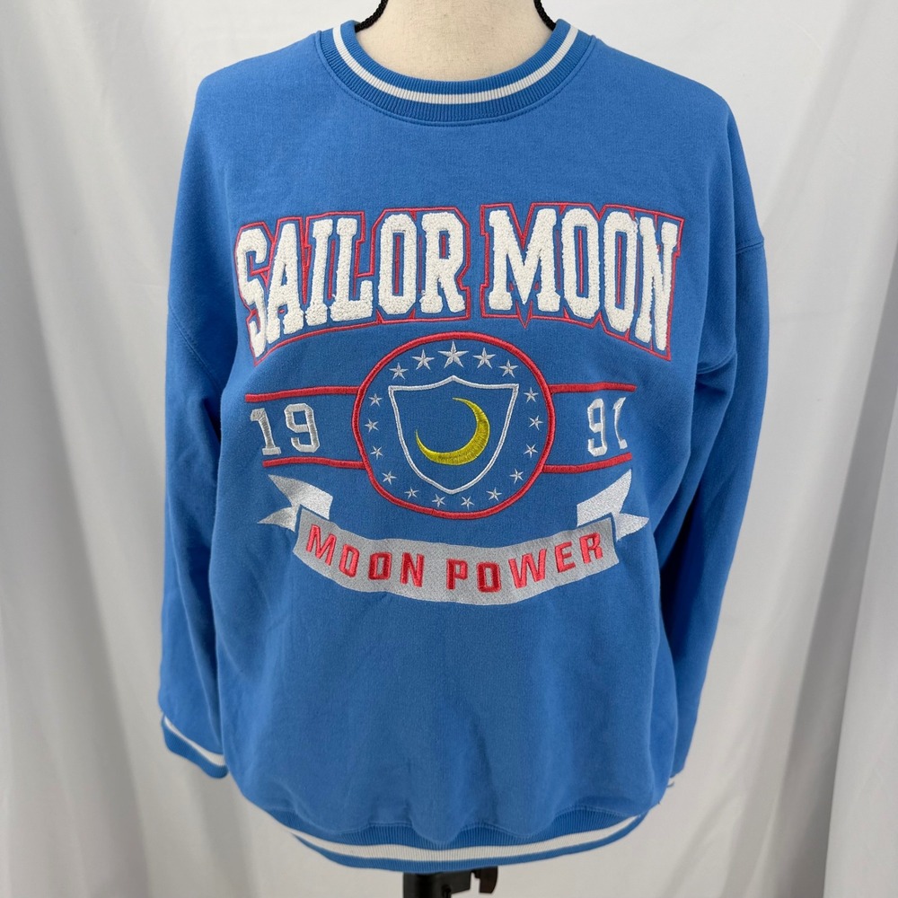 Sailor Moon Moon Power Blue Embroidered Sweatshirt Crew Neck Womens Large 1991
